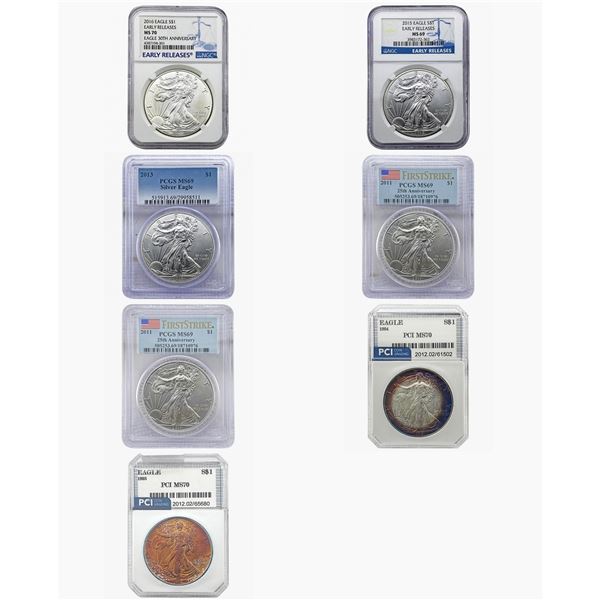 1993-2016 Graded US 1oz Silver Eagles [6 Coins]  MS69-70