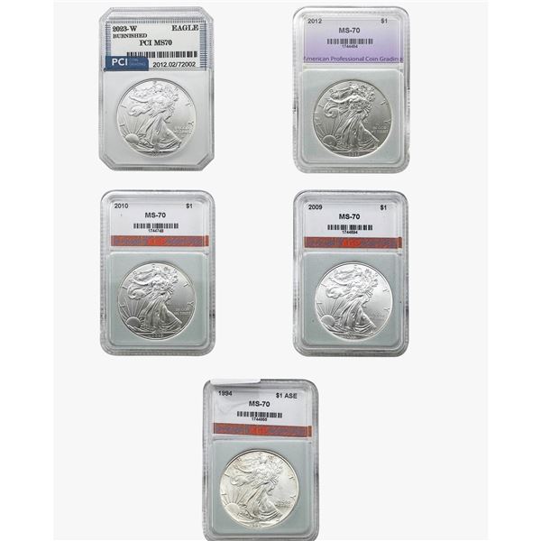 1994-2023 US 1oz Silver Eagles [5 Coins] APC,PCI MS70