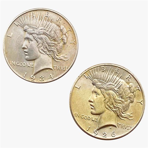 1926-S, 1934 Peace Silver Dollar Gem BU
