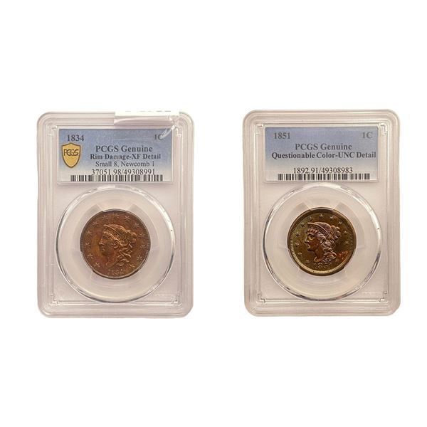 [2]1834-1851 Coronet Head & Braided Hair Lg. Cent PCGS Genuine