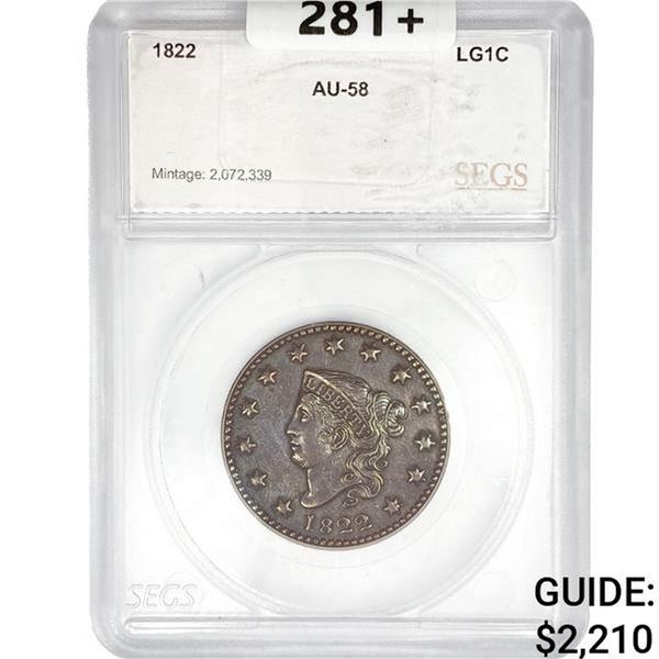 1822 Coronet Head Large Cent SEGS AU58