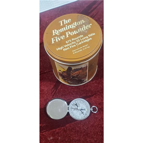 HUNTERS COMPASS AND REMINGTON COLLECTABLE TIN