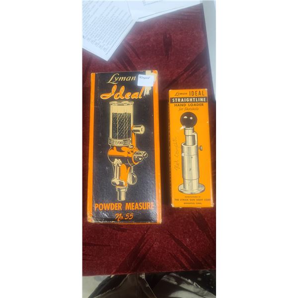 LYMAN IDEAL POWDER MEASURE NO55 AND STRAIGHT LINE HAND LOADER - BOTH INCOMPLETE