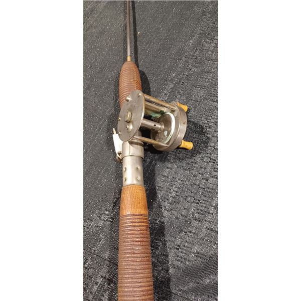 VINTAGE BLUE STEEL ICE FISHING ROD - COMES WITH SHAKESPEARE NO 1960 LEVEL WIND REEL