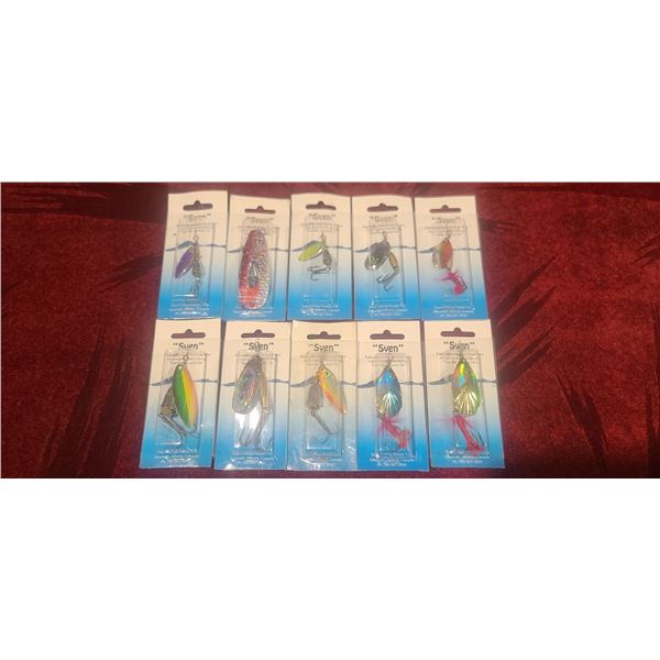 TEN ASSORTED SVEN TREBLE HOOK SPINNERS FROM SVEN FISHING SUPPLIES SEXSMITH ALBERTA