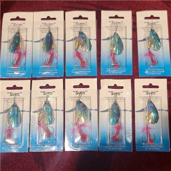 TEN BLUE, BLACK, SILVER AND GOLD TREBLE HOOK SPINNERS