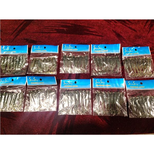 TEN PACK OF EIGHT RUBBER MINNOW BAITS - GREEN