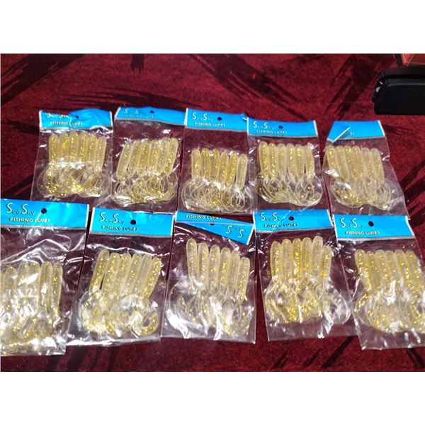 TEN PACKS OF SIX RUBBER FLAT TAIL WORMS - BAIT