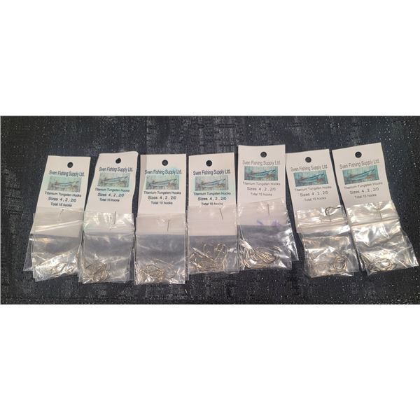 SEVEN MULTIPACKS OF TITANIUM TUNGSTEN HOOKS SIZES: 2, 4, 2/0 - 15 HOOKS PER PACK