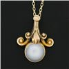 Image 4 : Antique Art Nouveau 14K Gold Cabochon Moonstone Scroll Petite Pendant & Chain