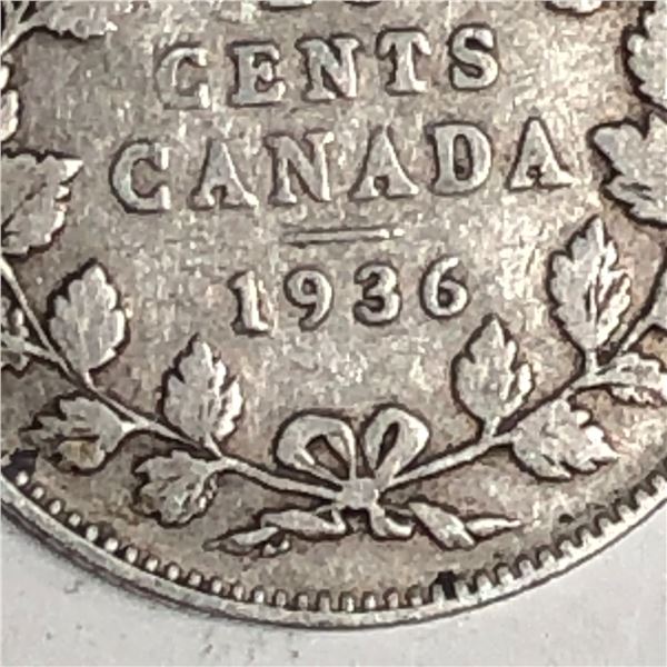 Canadian .10 Cent Dime 1936 Bar F+