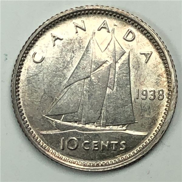 Canadian .10 Cent Dime 1938 AU