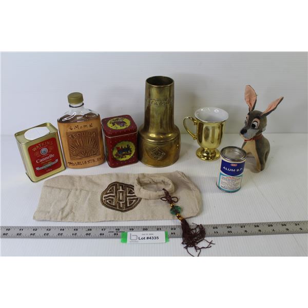 Cloth Bag & Bracelet - Brass Container - Stuffed Toy - Gold Ceramic Cup - Leather Wrapped Tequila Bo