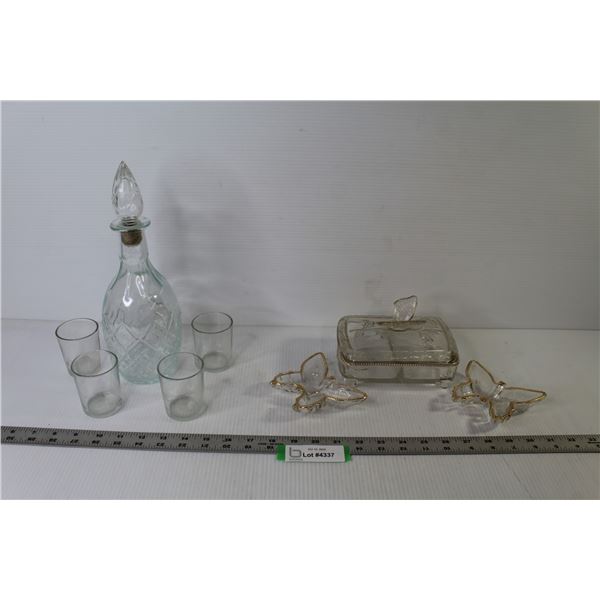 Glass Decanter w/4 Glasses - Glass Dresser Set w/Gold edges (dish wing tip is broken off - it is in 