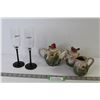 Image 1 : Pottery Style Tea Pot w/ Creamer & Sugar Dish - (2) Glasses w/Black Stems (Friexenet)