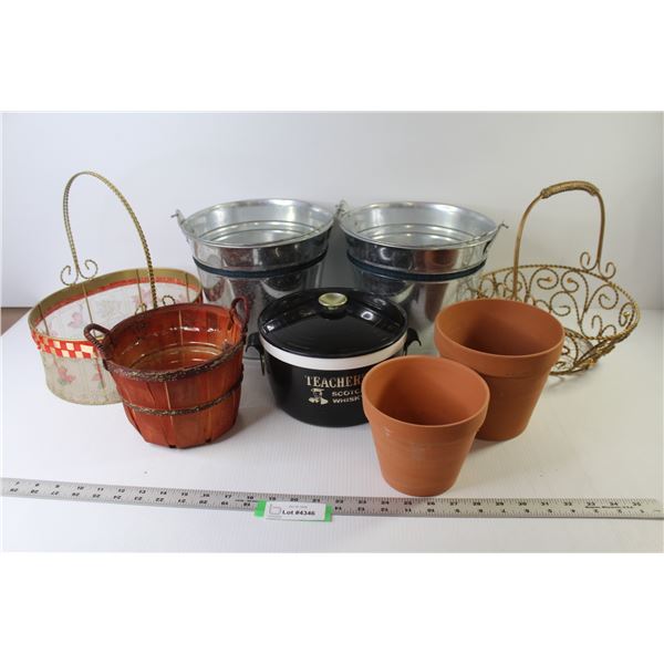 (2) Metal Pails - (2) Wire Baskets - Treacher's Scotch Whisky Ice Bucket - Plant Pots - Wooden Baske