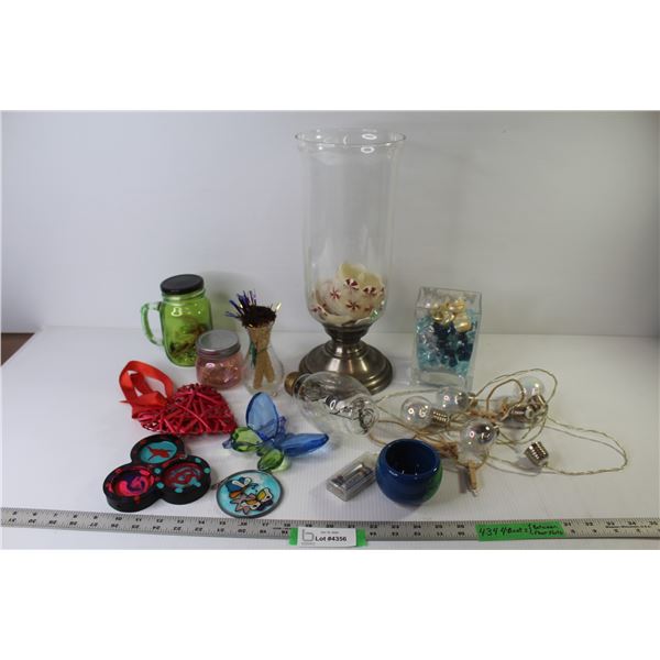 Candle Holder (15 1/4" x 6") - Vase w/Plastic Jewels & Shells - 250w Bulb - String lights (as is) - 