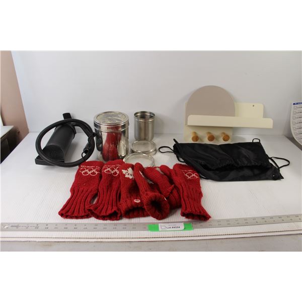 (6) Canada Olympics Mittens, Drawstring Bag, (2) Metal Jars/Storage, Shelf, Air Pump