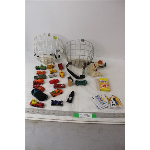 Assorted Toy Cars Tractors and Trailers, (2) Hockey Helmet Masks, ABC Cards - As Is