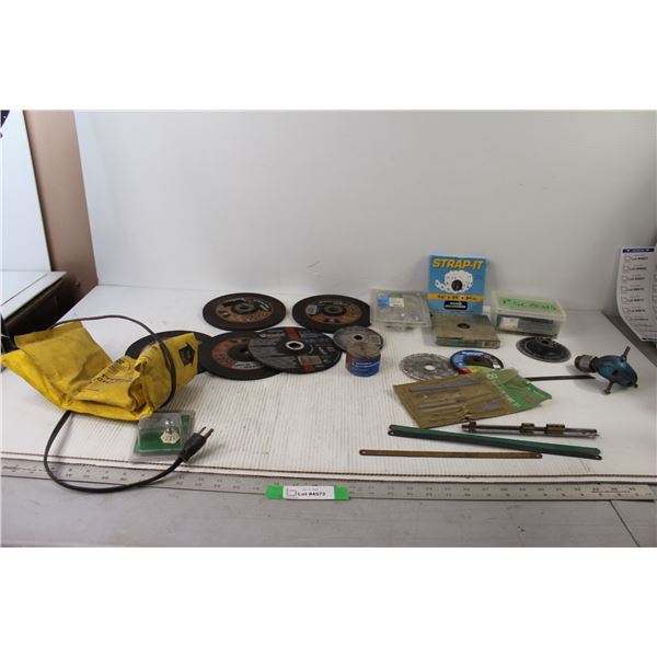 Assorted Grinding Discs, Saw Blades, Battery Warmer - Tested Powers On, 1" Screws, Assorted Hardware