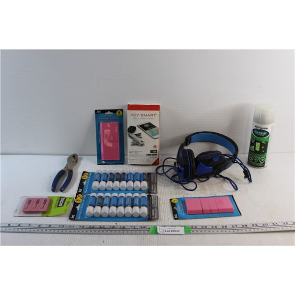 Pliers, Erasers, Glue Sticks, Headset, Glow in the Dark Paint Spray and Key Smart Tool