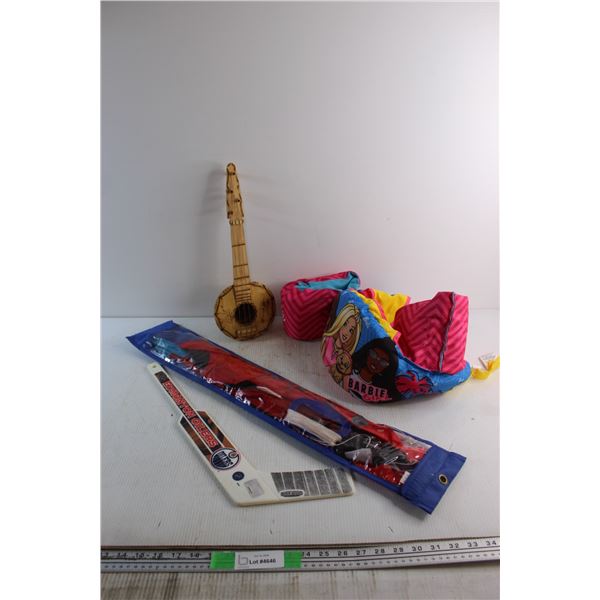 Kite, Ukulele, Barbie Kids Life Vest and Edmonton Oilers Miniature Hockey Stick