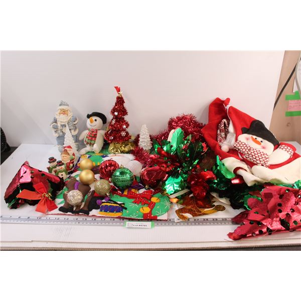 Christmas Lot: Santa, Banners, Christmas Ornaments, Trees, Decor - in Tote (Has Lid)