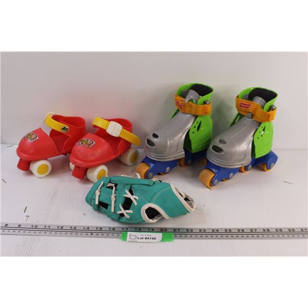 (2) Adjustable Kids Roller Skates & Kids Baseball Glove