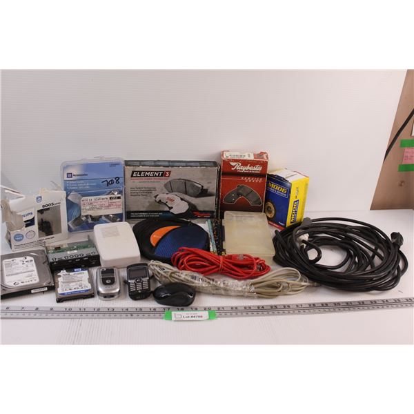 Lot: Extension Cord, GM Wheel Locks - Opened, Brake Pads, Wireless Mouse, Misc.