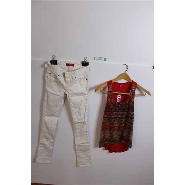 Women's Guess White Jeans (Size 24) & Bongo Sequin Shirt (Size Small)
