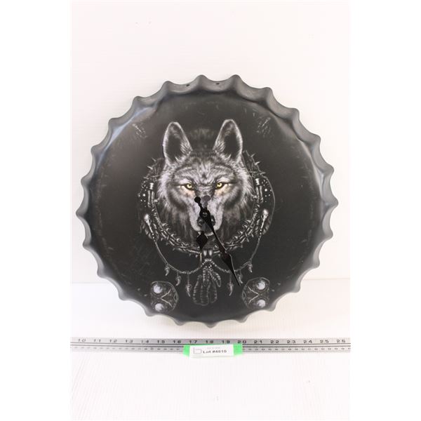 Wolf Bottle Cap Clock - Battery Operated - Clock Hands May nee Work - 16" - as is