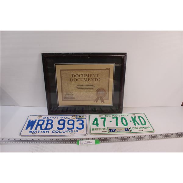 (2) British Columbia License Plates & Document Frame