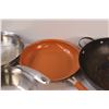 Image 3 : (4) Frying Pans: Wok, Stainless, & Orange Non-Stick