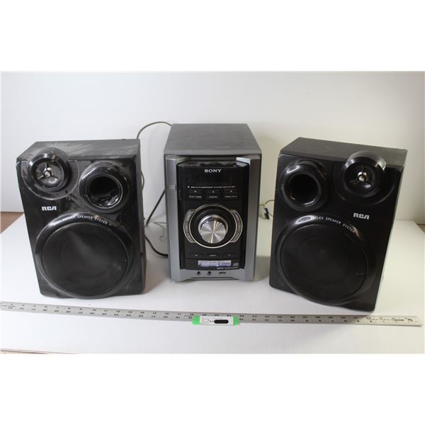(1) Sony Stereo (powers on), (2) RCA Speakers