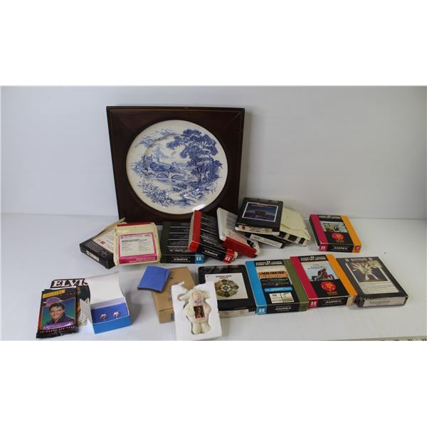 (13) 8 Track Tapes, Elvis, Tommy Roe, Sonny and Cher- Framed Countryside Plate- Avon Earrings- Lamb 