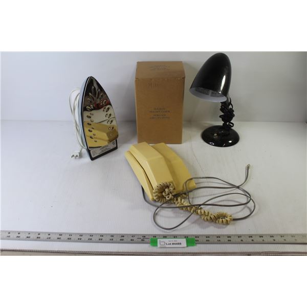 Flexible Desk Lamp (no bulb)- Household Iron (as is)- Holiday Melody Clock and Vintage Telephone