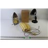 Image 1 : Flexible Desk Lamp (no bulb)- Household Iron (as is)- Holiday Melody Clock and Vintage Telephone