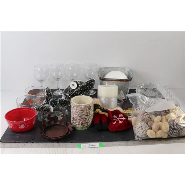 (4) Glass Cups, Assorted Small Trees, Glass Tray, (2) Candles, (3) Bowls, Artificial Pinecones,