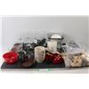 Image 1 : (4) Glass Cups, Assorted Small Trees, Glass Tray, (2) Candles, (3) Bowls, Artificial Pinecones,