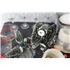 Image 2 : (4) Glass Cups, Assorted Small Trees, Glass Tray, (2) Candles, (3) Bowls, Artificial Pinecones,