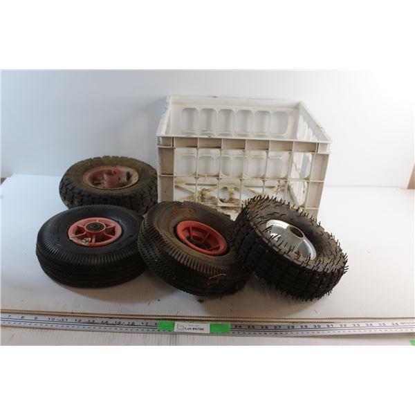 Plastic Crate and (4) Hand Truck Wheels 10''