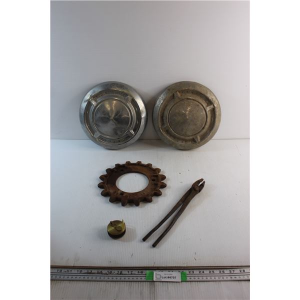 (2) Vintage Pontiac Hub Caps, Vintage Tape Measure and Assorted Items