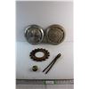 Image 1 : (2) Vintage Pontiac Hub Caps, Vintage Tape Measure and Assorted Items