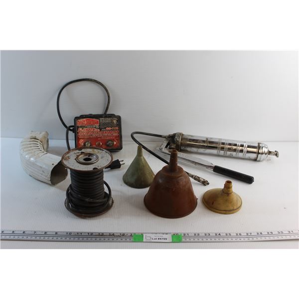 Funnels, Electric Fence Energizer, Grease Pump and Assorted Items