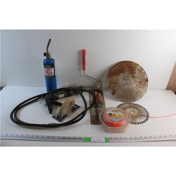 Twisted Trimmer Line, Propane Torch, Sanding Block, Saw Disks and Assorted Items