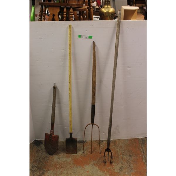 *(2) Garden Shovels, 3-Prong Fork and Garden Cultivator