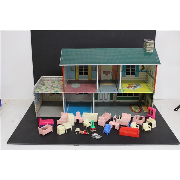 Vintage Tin Doll House with Toy Furniture