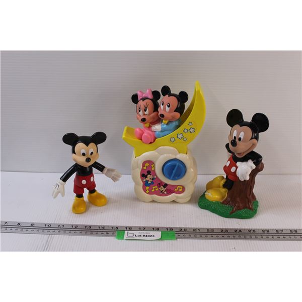 (2) Vintage Mickey Mouse Action Figures w/ (1) Vintage Mickey Mouse Coin Bank w/ Mickey Mouse Music 