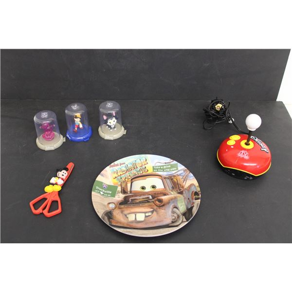 Disney Lot: Plug and Play Game - As Is, Mater plate, Mickey Mouse Scissors, (3) Domez Figures