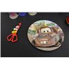 Image 3 : Disney Lot: Plug and Play Game - As Is, Mater plate, Mickey Mouse Scissors, (3) Domez Figures